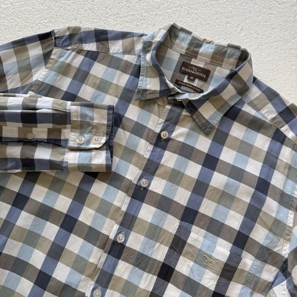 Rodd & Gunn Mens Medium Long Sleeve Button Down Plaid Shirt Blue Gray White